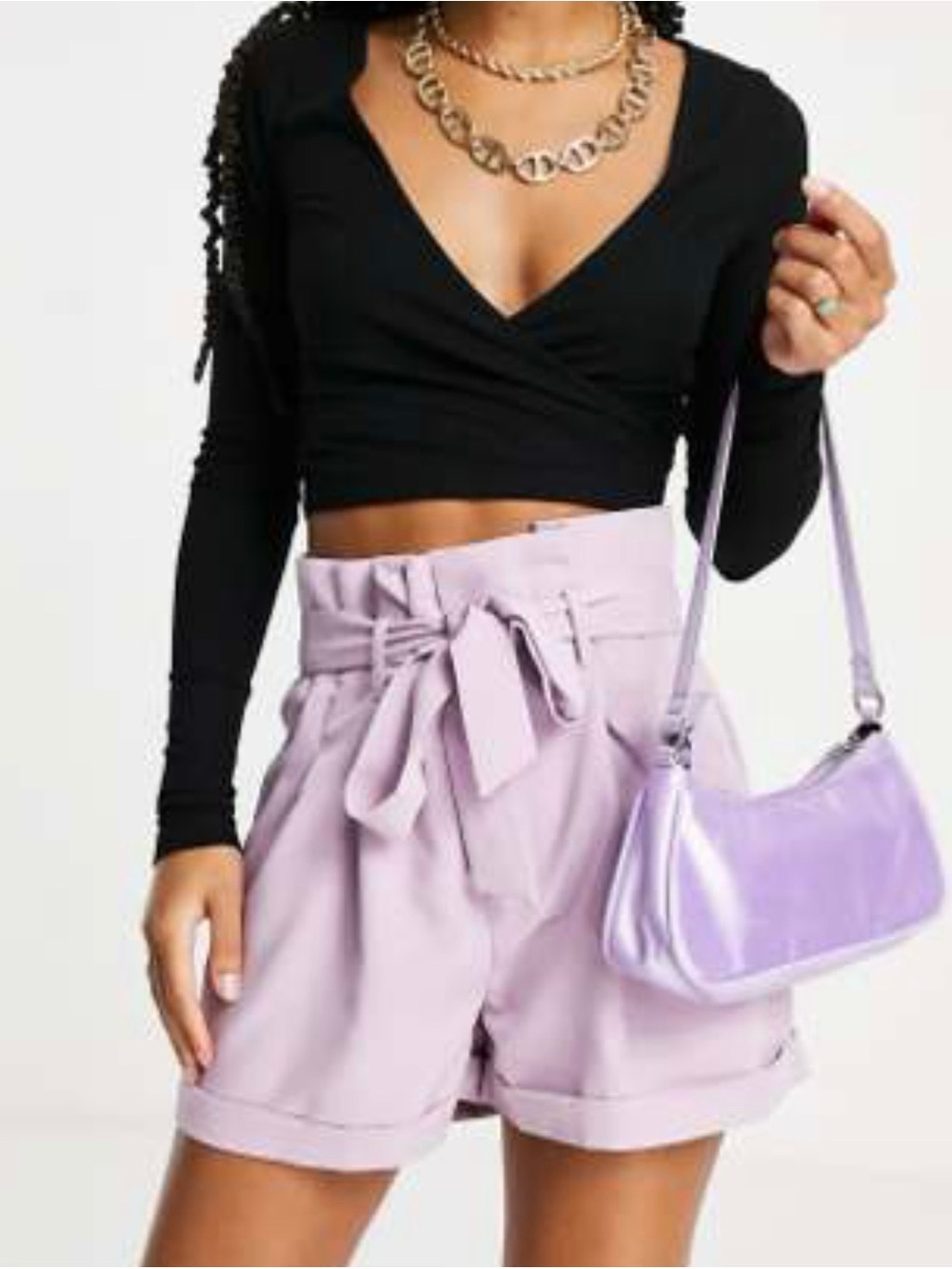 High-Waist Paperbag Shorts with Tie Belt - Lavender